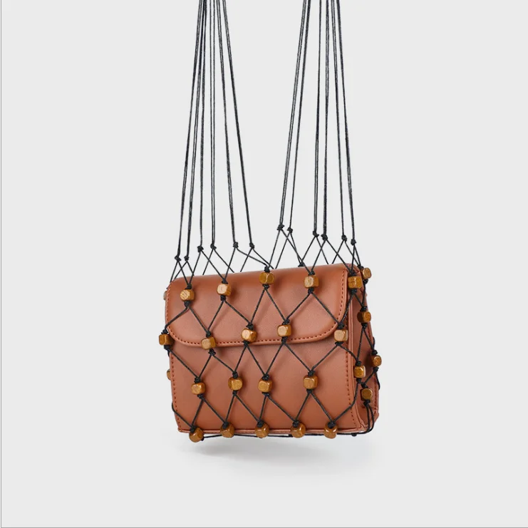 

Unique Hollow Net Casual Genuine Leather Women Bead Basket Bags Vintage Shoulder Messenger Bag Bolsa Feminina