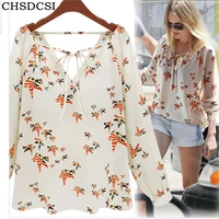 

CUHAKCI 2017 Fashion Woman Elegant Floral Printing Blouse V-neck Tether Casual Chiffon Shirt Quality Brand Tops Plus Size