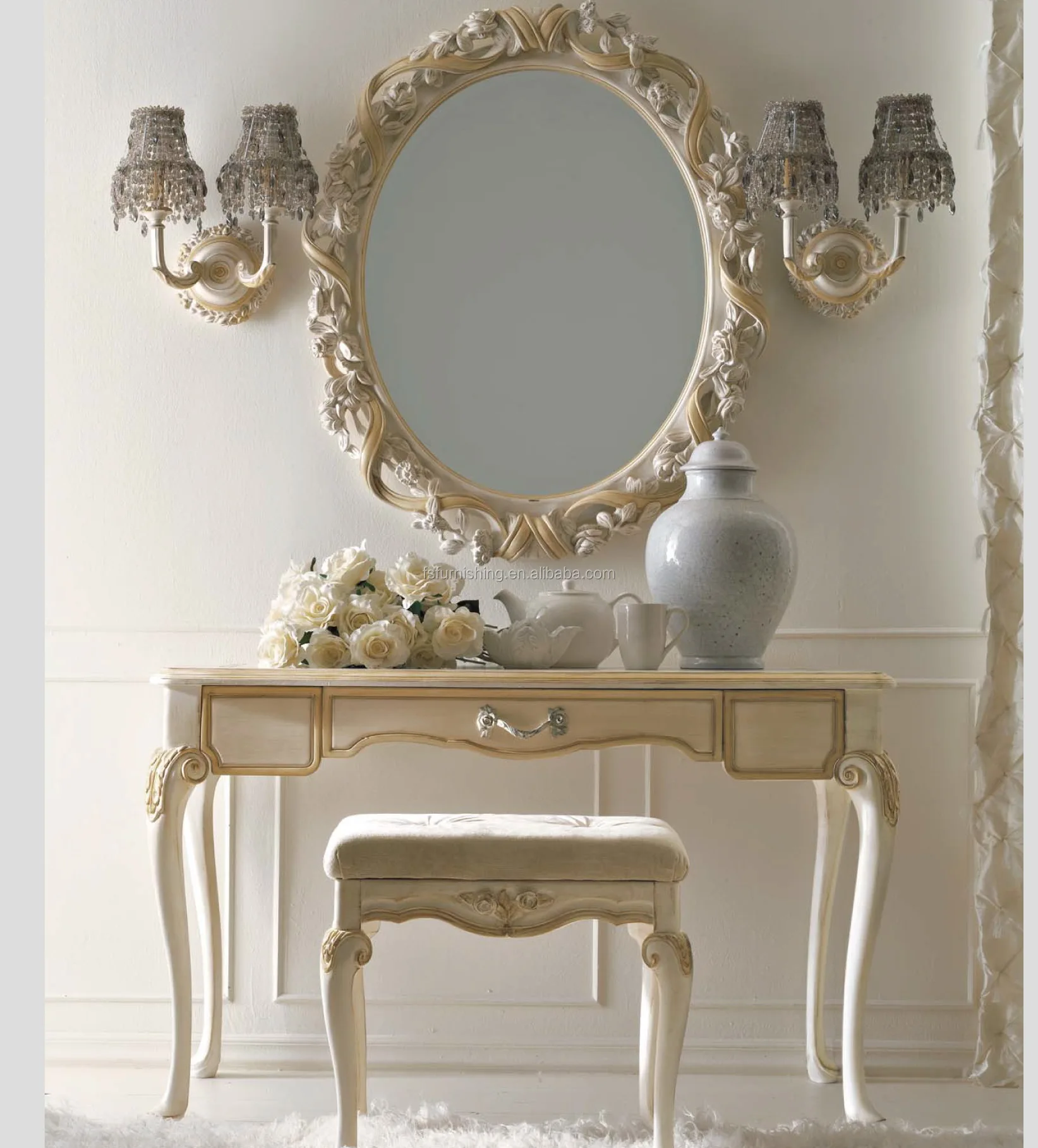 Reaationary French Rococo Bedroom Furniture Antique White Wood Carved