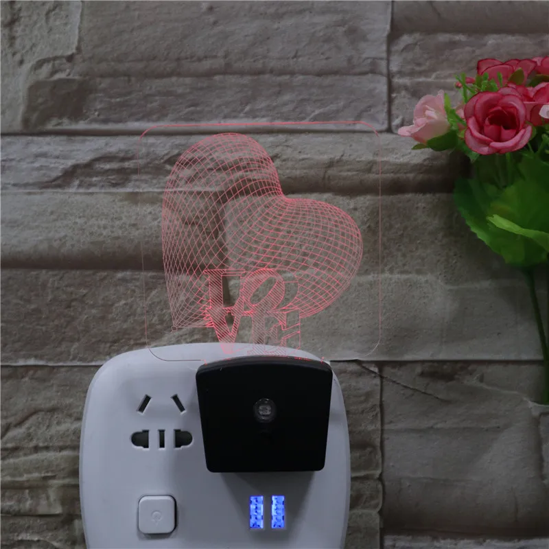 Various design 3d plug light sensor 7 Color Changing heart love 3d led Lamp light sensor wall socket night light