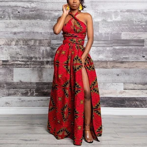 New Design Fashion Plus Size Red Cross Shoulder Strap African Print Women Summer Maxi Dress 2
