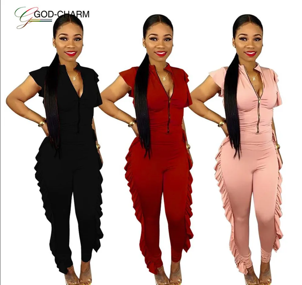 

GC-86961914 Women Casual Solid Color Ruffles Flounces V Neck Jumpsuits With Short Sleeve African clothing, N/a
