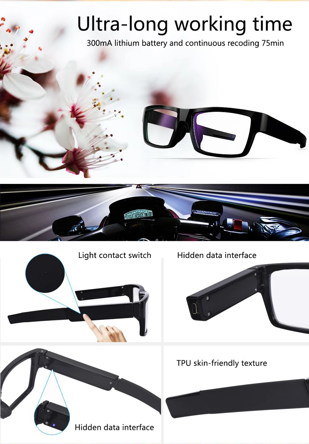 Hd1080p 30fps Hidden Camera Touch Button Eye Glasses Video Camera With