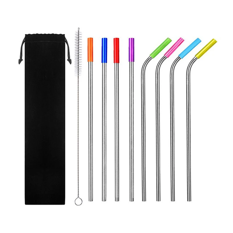 

Reusable stainless steel straws with colorful silicone tips cleaning brushes and customized pouch, Customized color