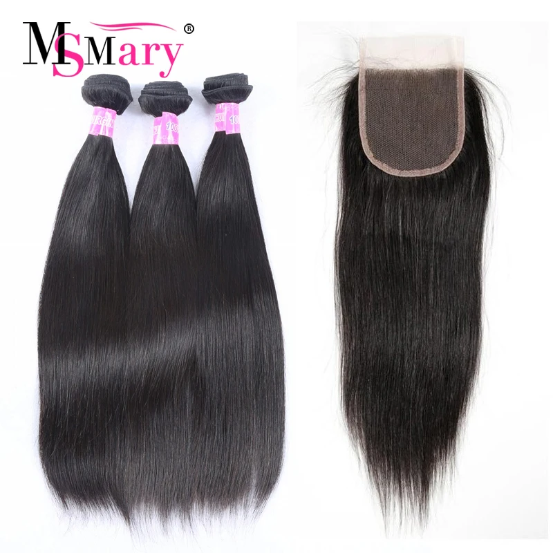 

5 Stars Straight Natural Black Free Part Lace Closure Human Hair Extensions 3 Bundles Brazilian Hair Mixed Length, Natural black 1b
