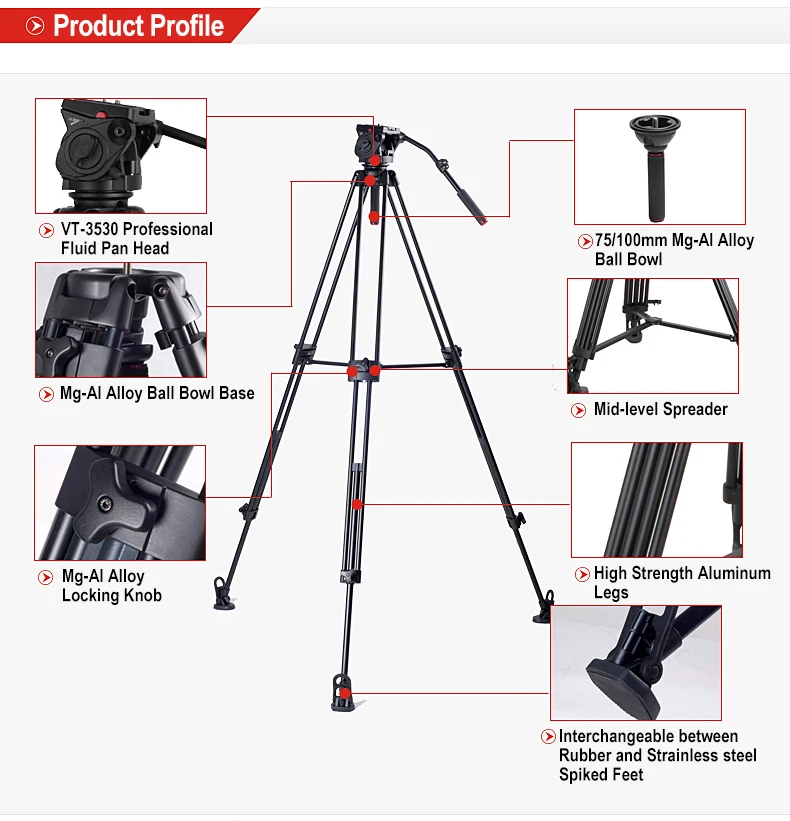 KINGJOY Heavy Duty Aluminum Video Camera Tripod VT-3500+VT-3530, 77 Inch Height for Different Shooting Request