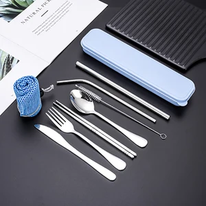 Image of Custom 304 stainless steel tableware flatware gift box set with metal straw portable travel plated cutlery set