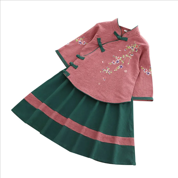 
spring new girl hanfu Chinese traditional style children modified ethnic cotton vintage two-piece tang suit 