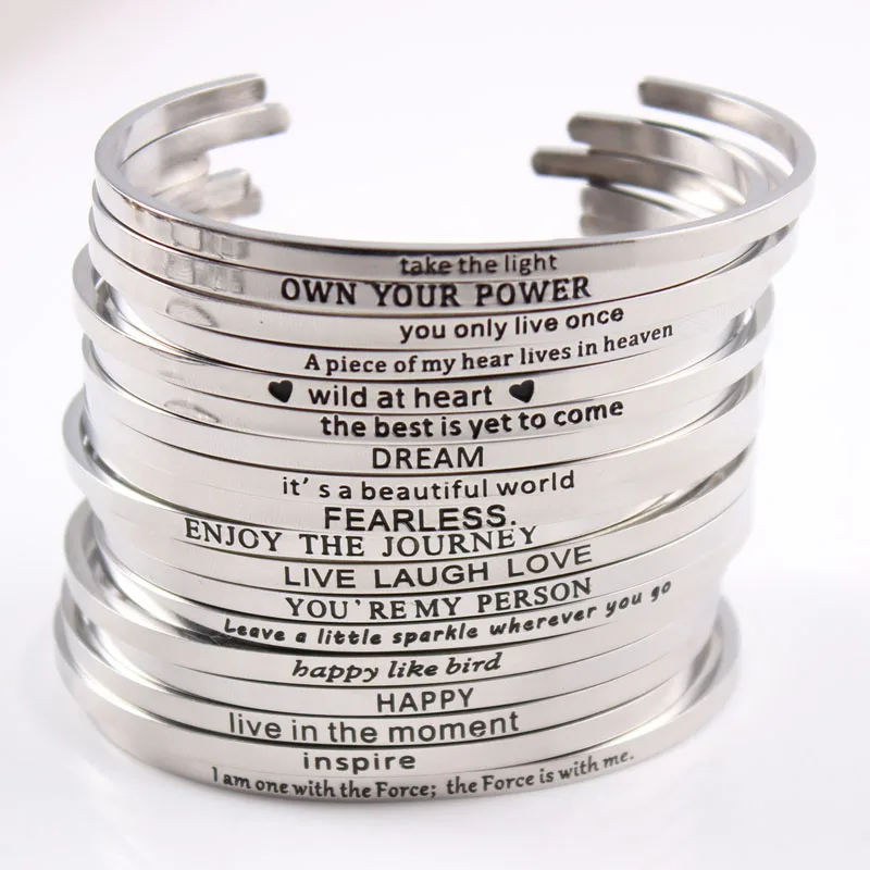 

LOW MOQ Custom Stainless Steel Inspirational Letter Mantra Bracelet For Women Cuff Bangle
