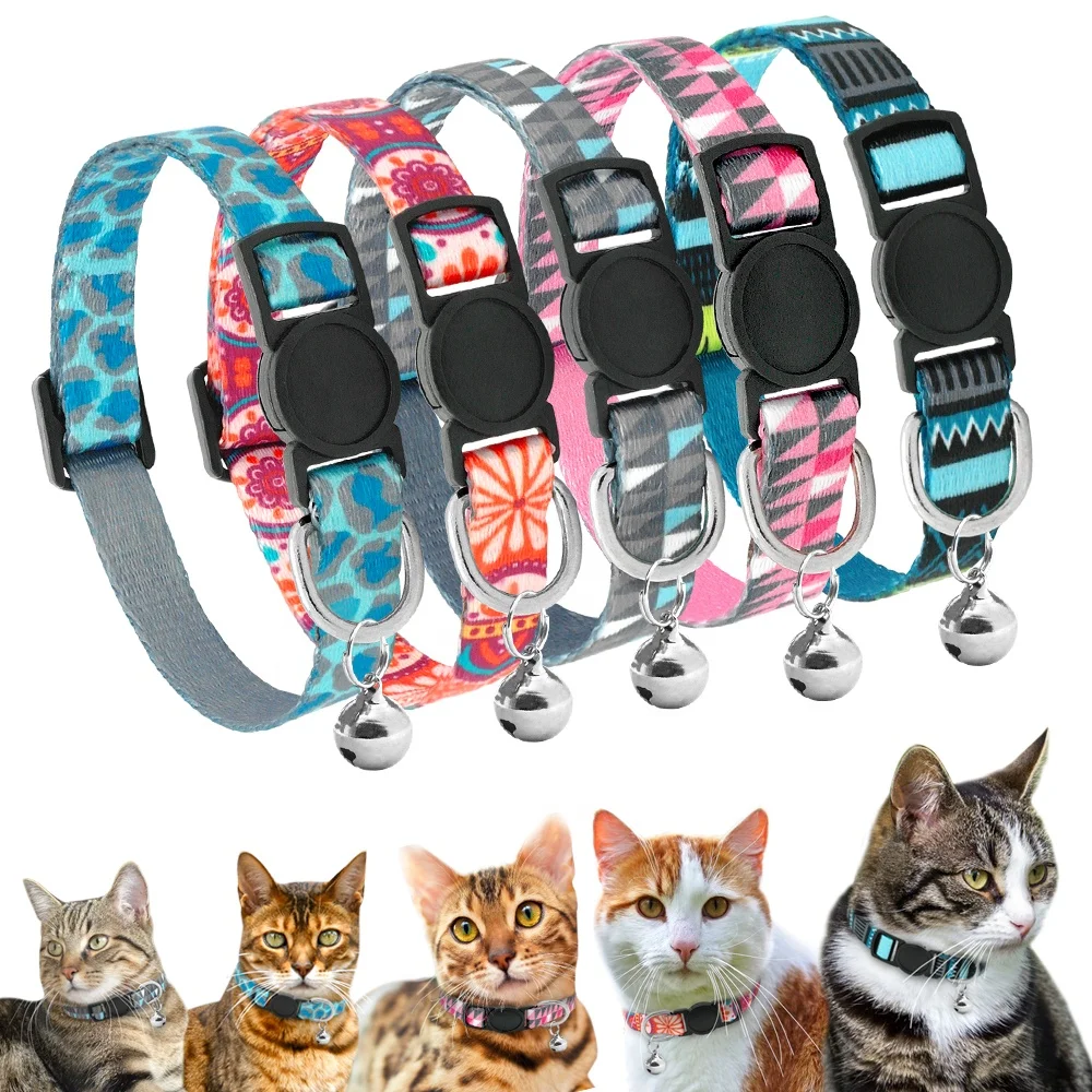 

Personalized Quick Release Safety Cat Collar Kitten Collar Breakaway Necklace With Bell, Blue geometry, blue leopard, grey, orange, pink