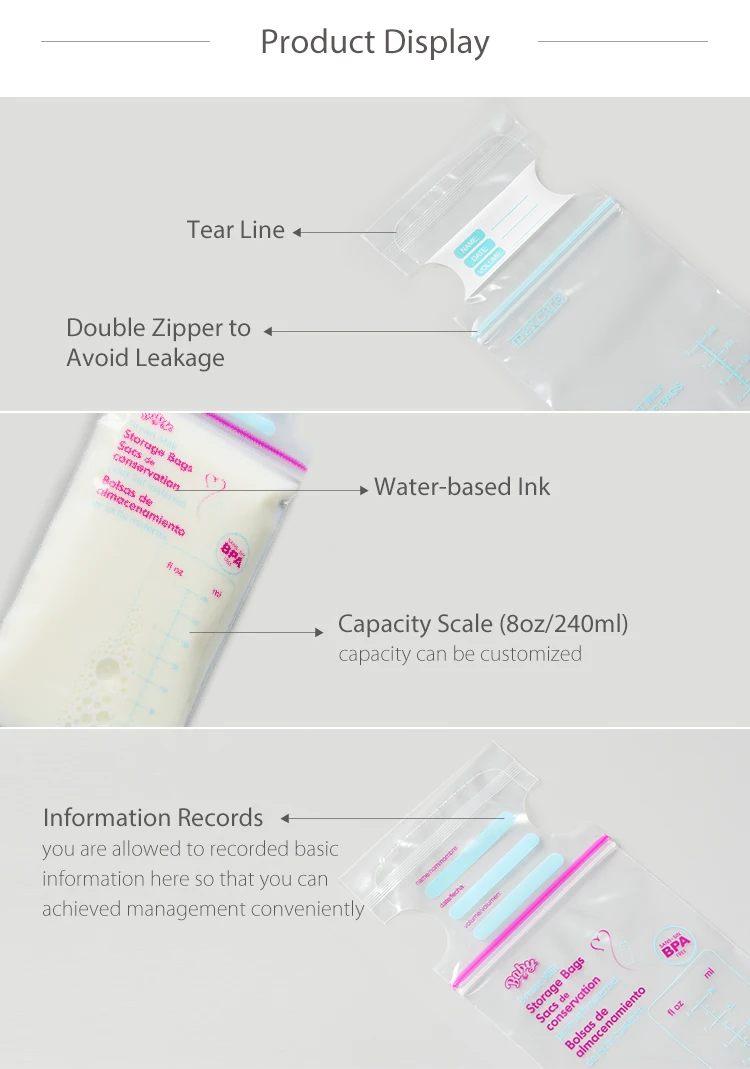 YTBagmart Bpa Free Milk Cooler Freezer Pouch Bags Pe Plastic Breast Milk Bags No Leak Zipper Top Sealing Breast Milk Storage Bag
