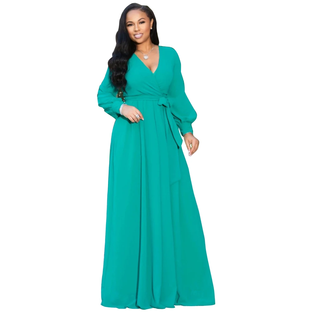 

New design sexy deep v neck long sleeves chiffon new style casual chiffon maxi dress with soild color