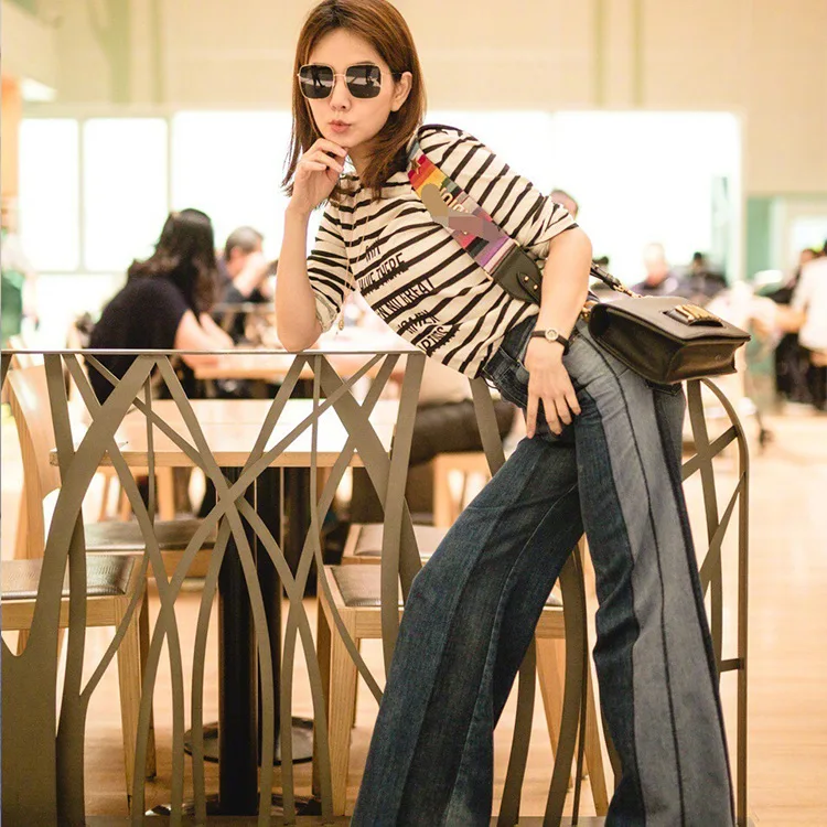 

2019Spring Autumn Denim Jeans Women middle Waist Winter wide leg splice Jeans Femme Streetwear Jeans Female Cowboy Denim Pants, N/a