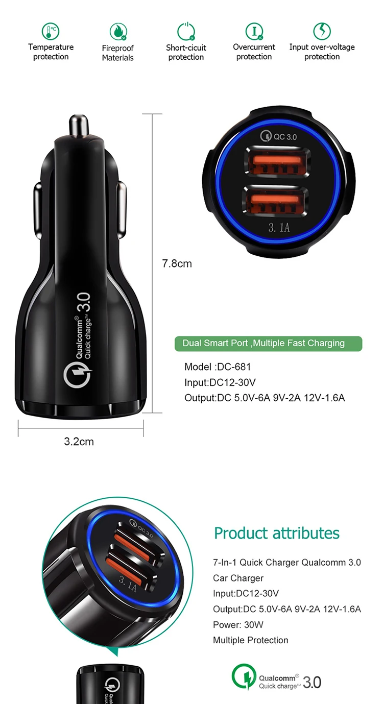CE/Rosh/FCC Car USB Charger Quick Charge QC3.0 QC2.0 Mobile Phone Charger 2 Port USB Fast Car Charger for iPhone Samsung Tablet