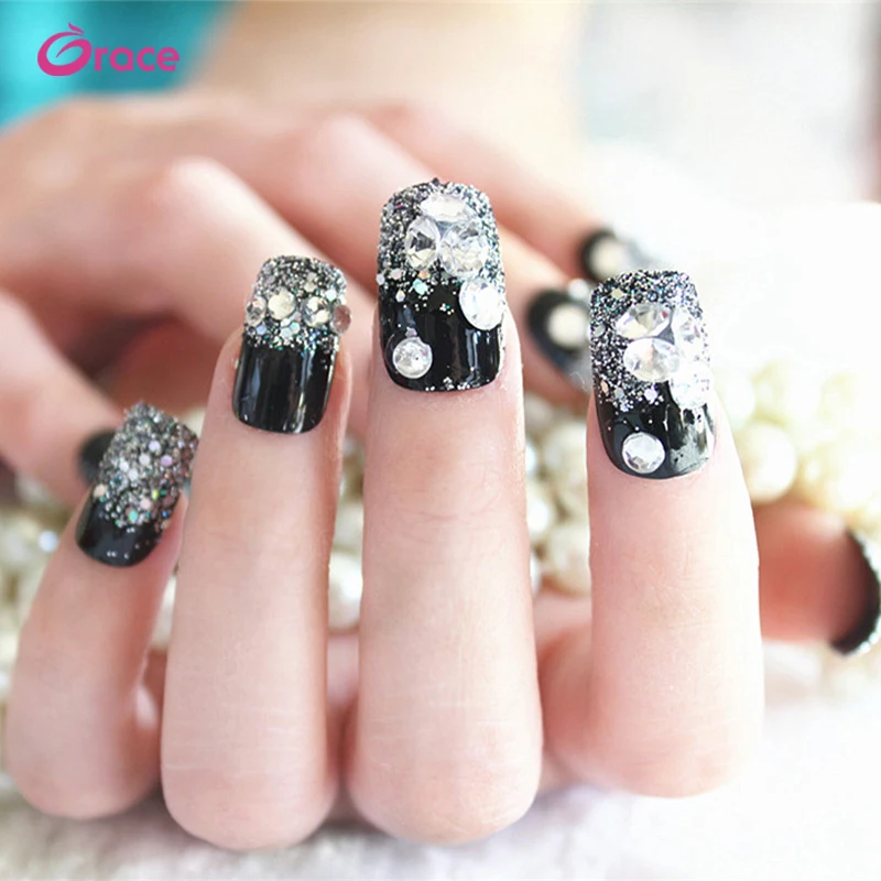 Ay0045 En Gros 24 Pcs Noir Mariée Faux Ongles Colle Arrière Pré Conçu Artificiel Presse Sur Faux Ongles Conseils Buy Pointes à Ongles