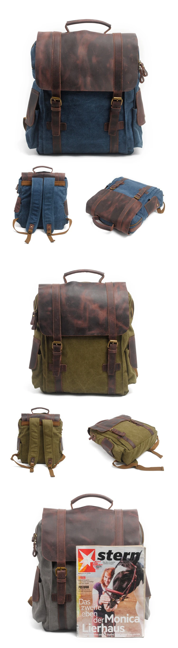 The latest elegant vintage crazy horse leather cotton canvas unisex satchel rucksack school back pack backpack bag