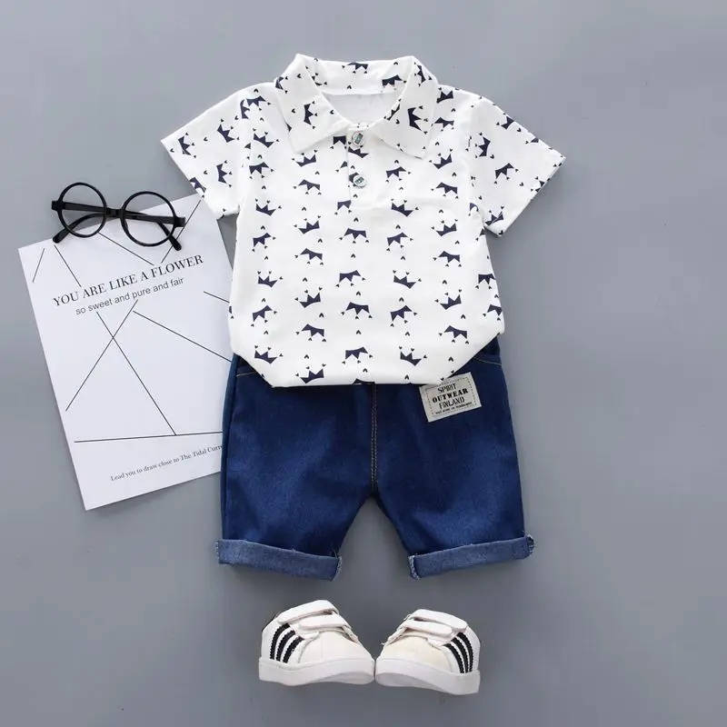 

Summer Baby Boy Shirt Jeans Pants Set Crown Pattern Short Sleeve Shirt Blouse Shorts Casual Outfits Kid Boy Summer Cool Clothes