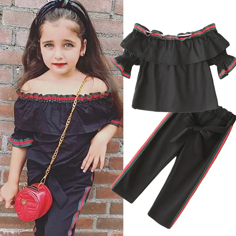 

WISH 2018 girls suit summer new children's suit flared pants cute word shoulder shirt, Picture