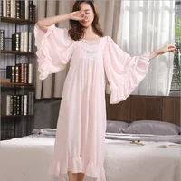 

Retro lace nightdress cotton pajamas girl sweet lotus leaf home long skirt women mandarin sleeve