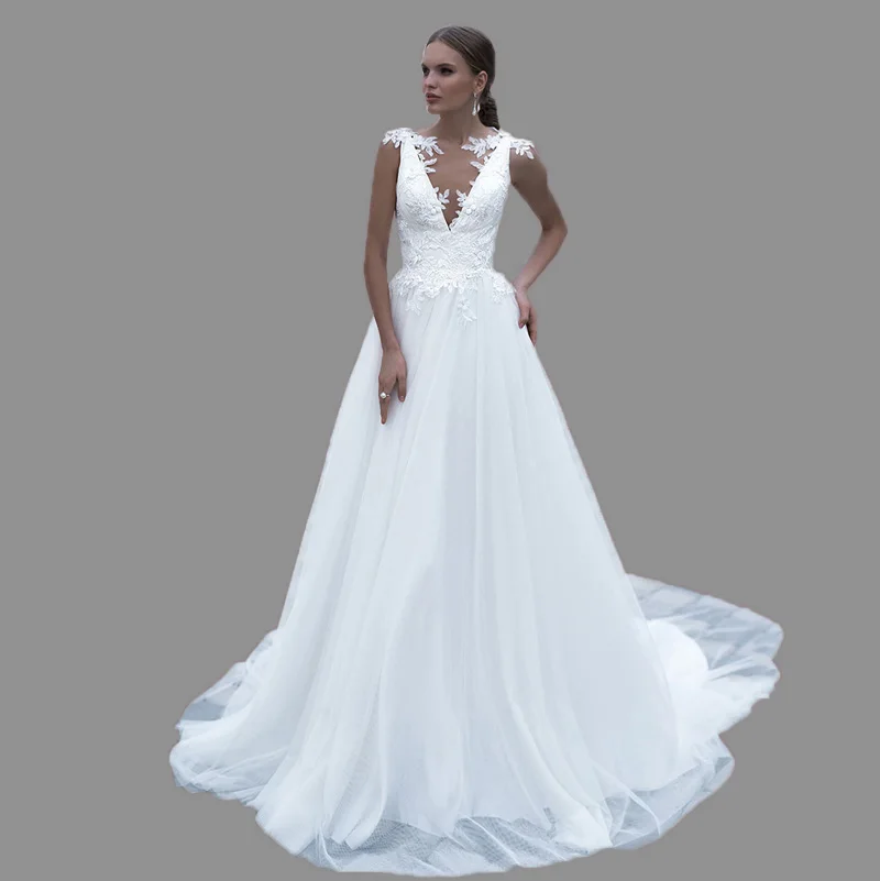 

Elegant A Line Chiffon Wedding Dress 2018 Bridal Gown Applique Lace Sweep Train Vestido de noiva, Custom made