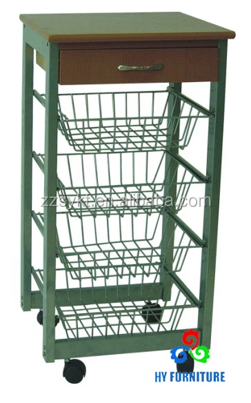 
Movable 4 metal basket drawers kitchen cart with wood top 