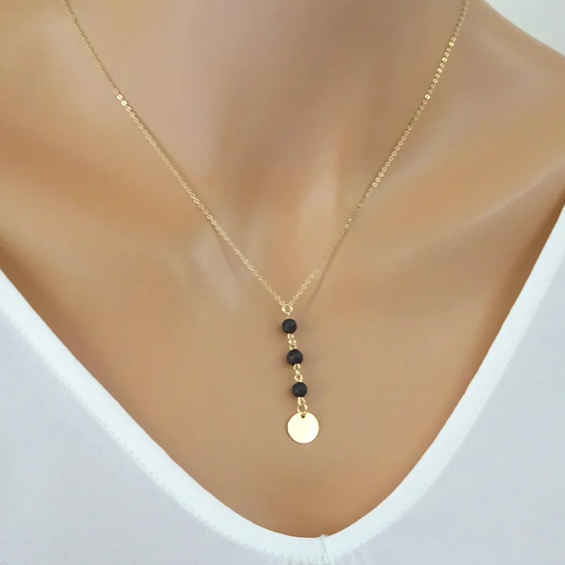 Hot Sales Gold Chain Small Round Name Pendant Lava Stone Necklace