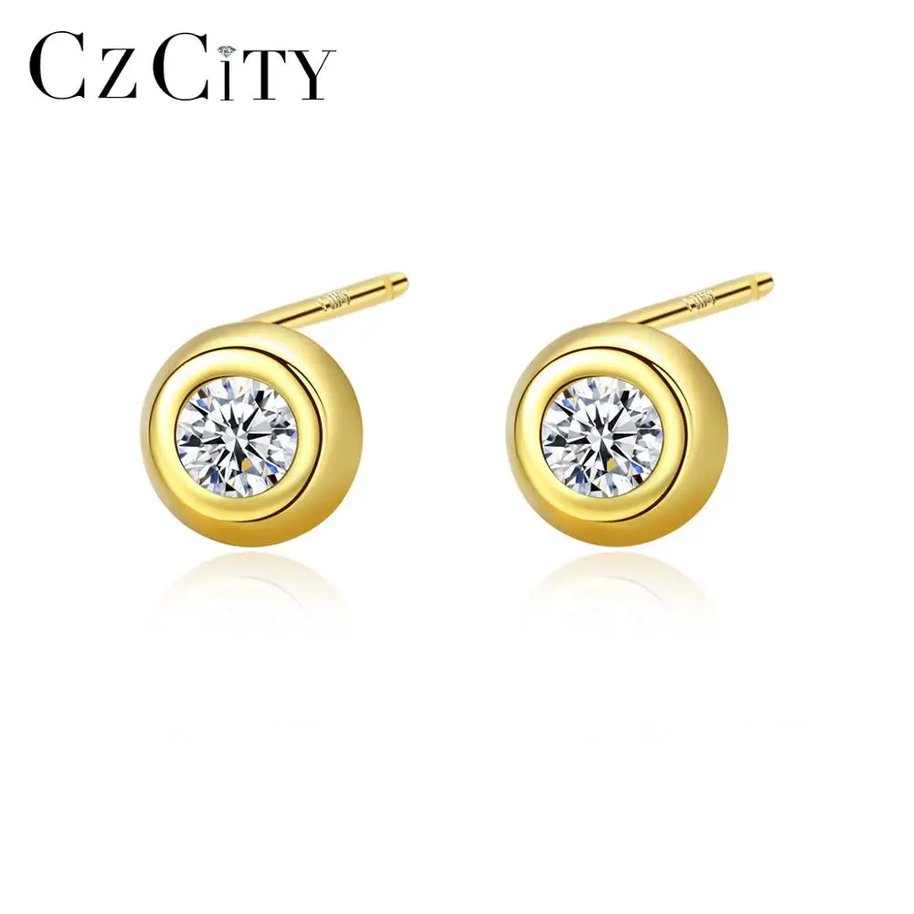 CZCITY Round Shaped Stud Earrings 925 Sterling Silver Gold Plating Earrings Jewelry Fashionable