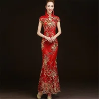

fashion 5 colors Chinese Women ladies elegant evening party sequin embroidered fish tail wedding cheongsam qipao evening dress