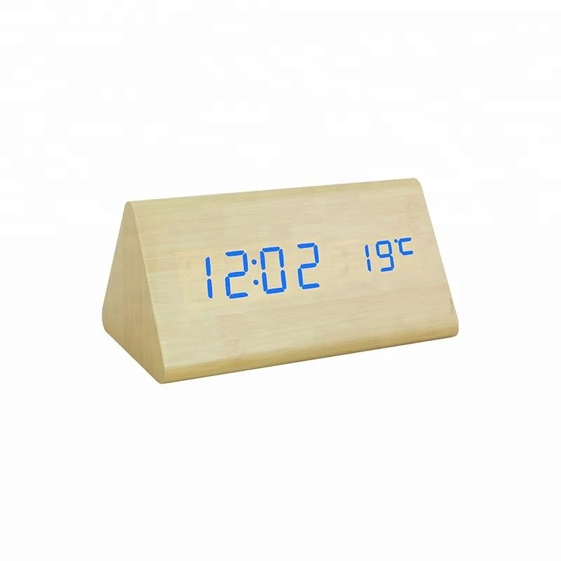 

Triangular date, temperature display wood led clock desktop