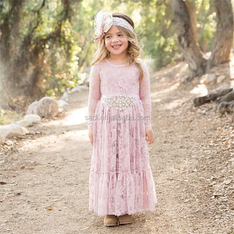 

Girl's new style party lace flower dress and long sleeve embroidered jewels in the waist princess dress, Pink;white;red