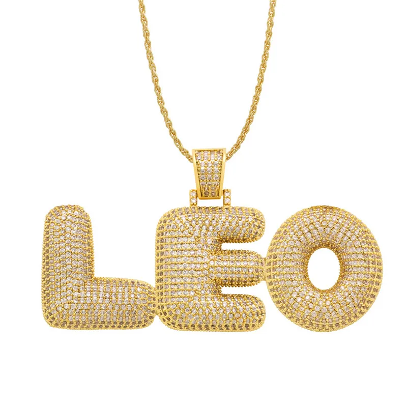 

DIY Iced Out Custom Bubble Letter Necklace Micro Paved Zircon Men HipHop Jewelry Christmas Gift, Gold;silver