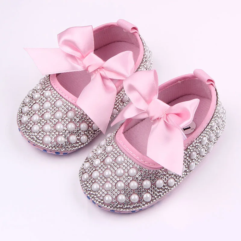 

New arrival pearl design butterfly-knot fancy baby girls shoes, Pink/red/silver/peach/silver