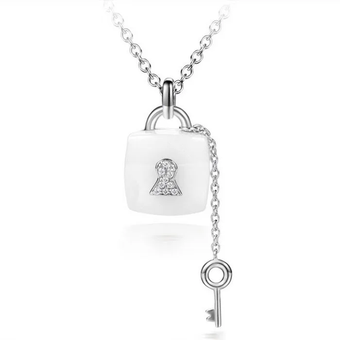 

Hot Sale SJLB-0309 White Gold Plating Zircon S925 Silver Ceramic Women Lock Pendant Necklace 4 Colors, White gold necklace