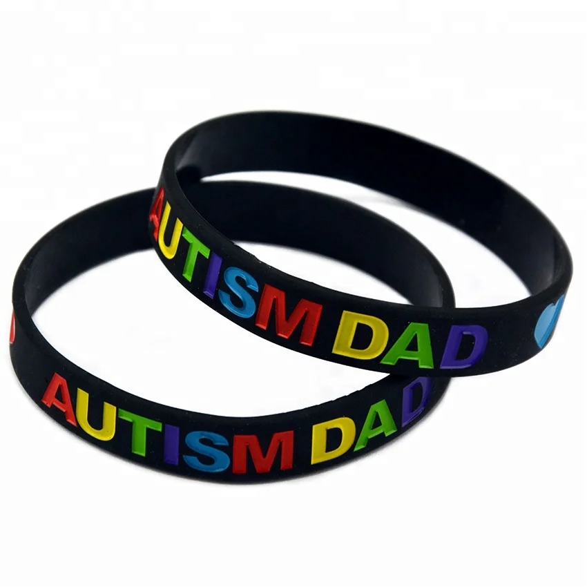 

50PCS Love Autism Dad and Mom Silicone Wristband Debossed Logo Bracelet, White, blue and red