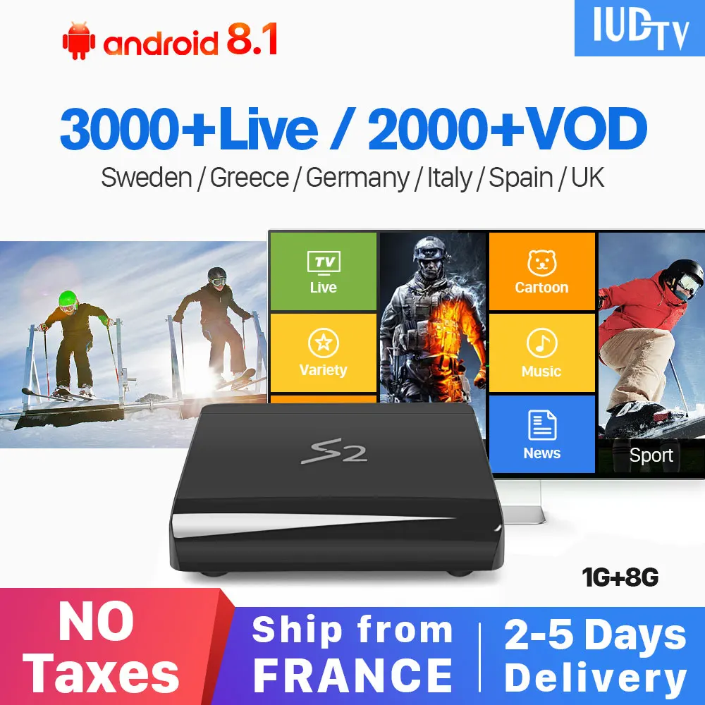 

Android 8.1 Smart IPTV TV Set Top Box S2 1G RAM 8G ROM with IUDTV European IPTV Channels, Black