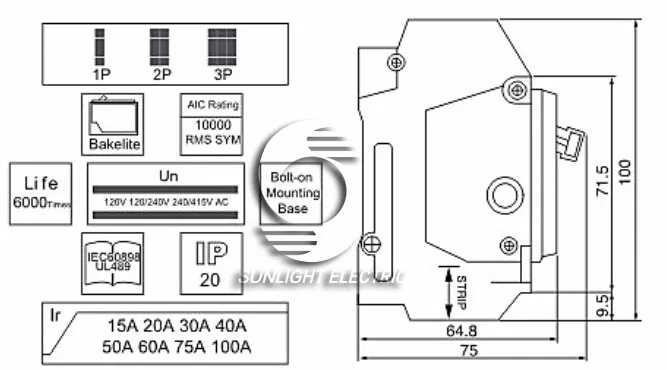 THQC series black bolt-on mounting 1 pole on off 20A mcb miniature circuit breaker
