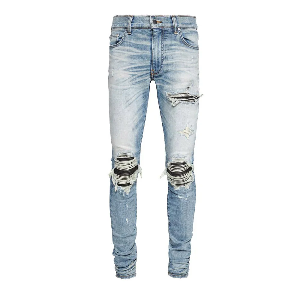 

DiZNEW Wholesale pleated Patches Denim Biker Blue Jeans For Men