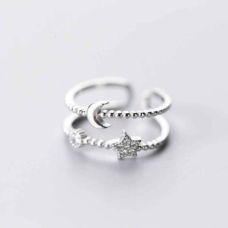 

New Arrivals 925 Sterling Silver Double Layer Rhinestone Star Moon Rings Fashion Sterling Silver Jewelry