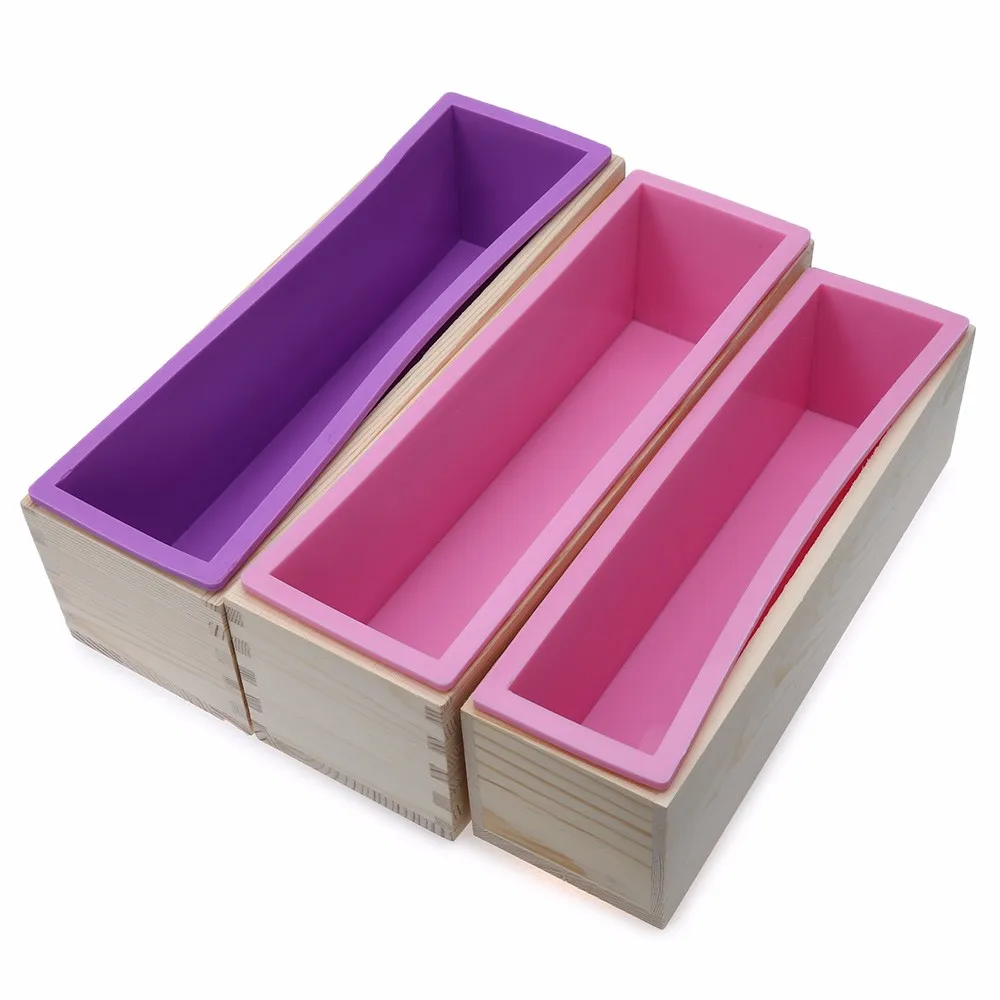 

High Quality 1200ml Rectangle Silicone Soap Mold Wooden Box DIY Tool For Soap Cake Making, Pink,purple