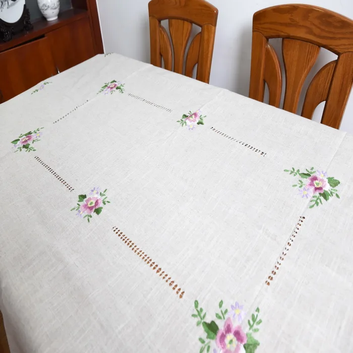 Pretty X'mas Bell White Ribbon Embroidery Hand Hemstitch Cotton Table Cloth Blue 