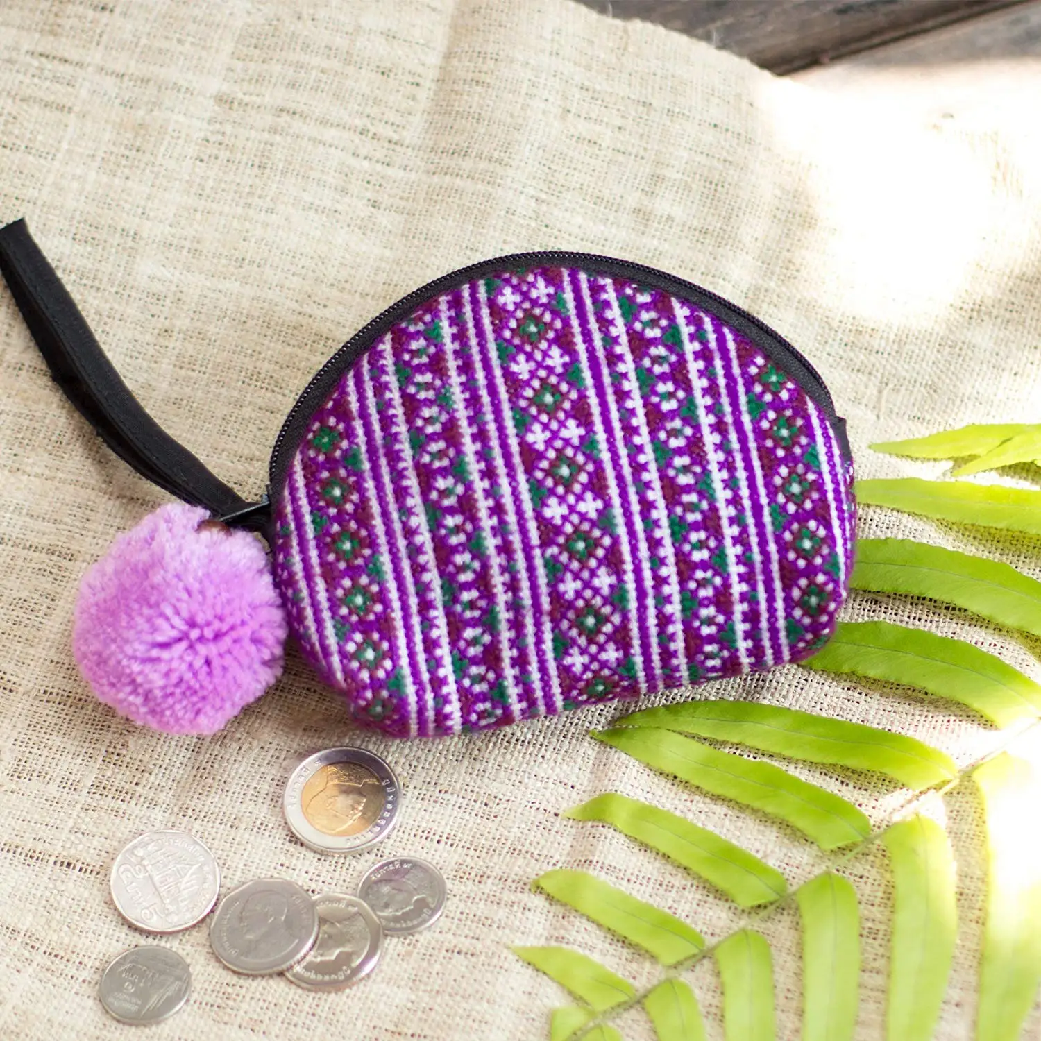 Changnoi One of a Kind Women Coin Purse with Hmong Hill Tribe Embroidered in Purple, Pom Pom Pouch for Women, Boho Purse, Gift Purse
