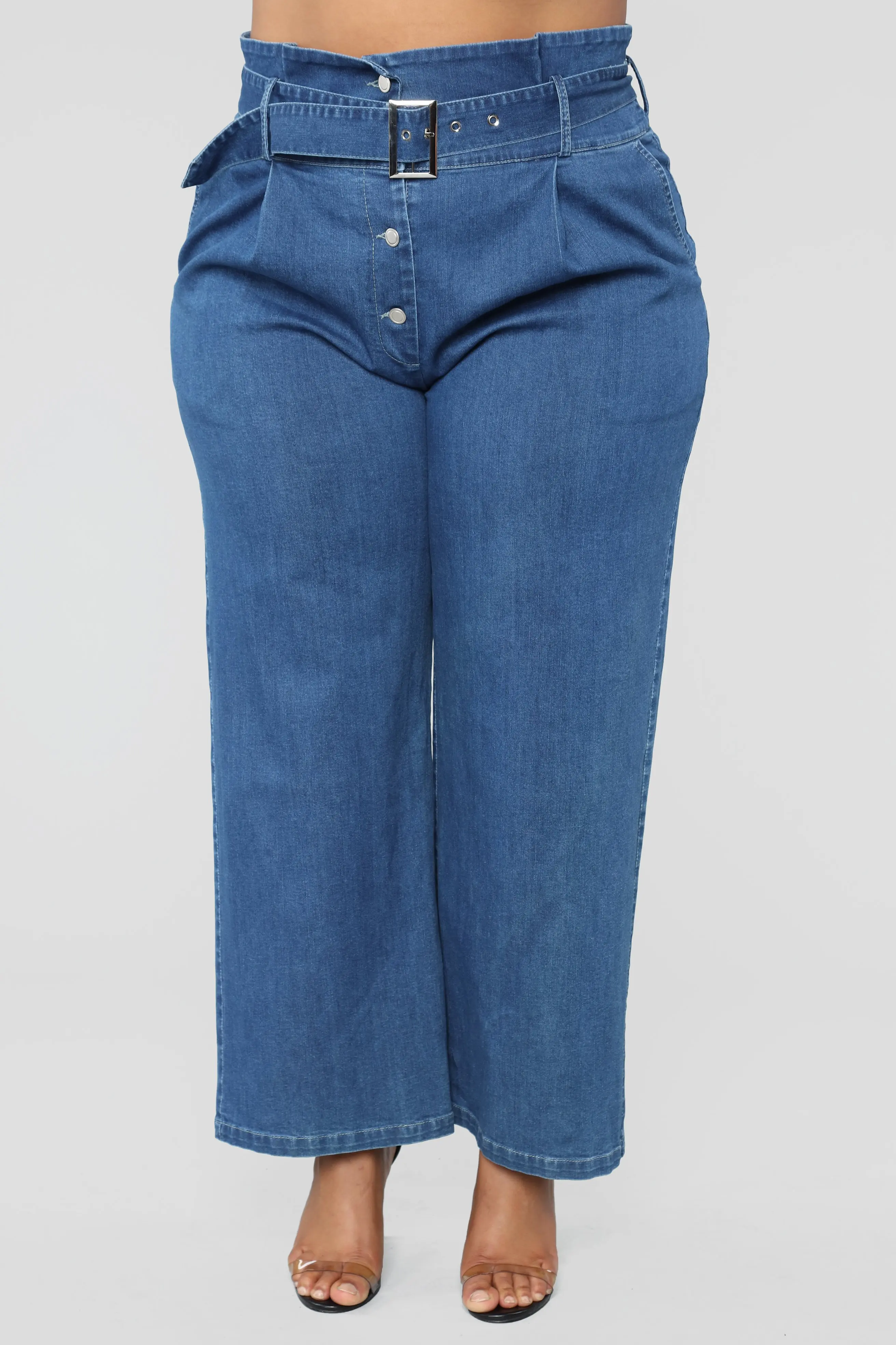 Casual Paperbag Waist With Belt Blue Denim European Style Wide Leg Jeans for Women