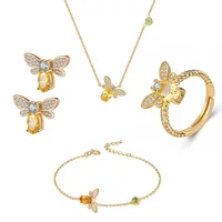 

Unique Fashion Yellow Golden Crystal Bee Stud Earrings Rings CZ Pendant Bracelet Necklace Wedding Jewelry Set for Women Men