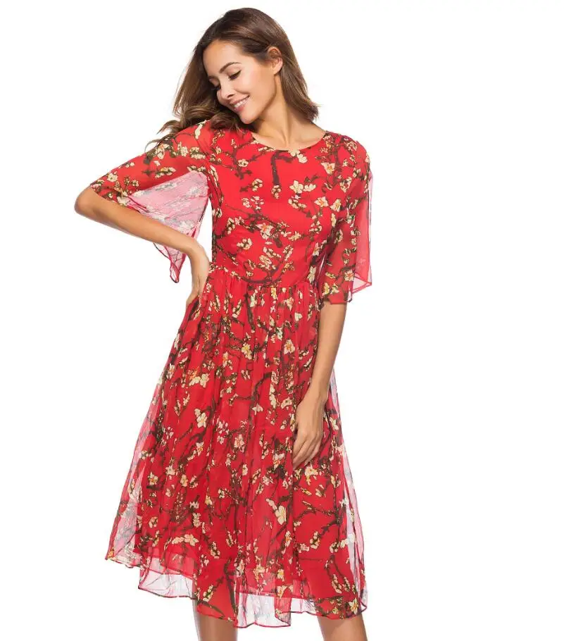 

Summer Long bohemian Dresses For Women Plus Size Red Floral Short Sleeve Chiffon Dresses, Red;green;any colors is available