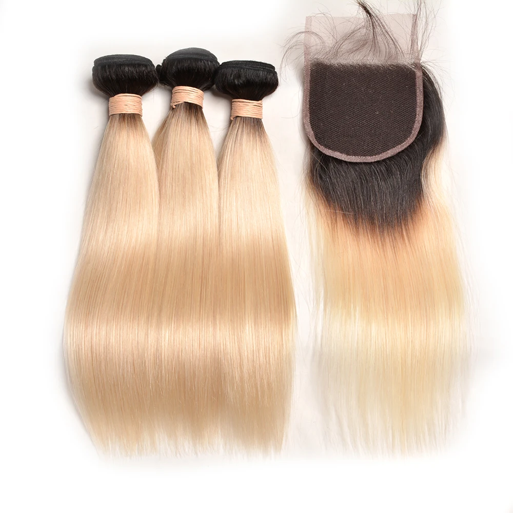 

Factory Wholesale 100% Human Hair Dark Root Blonde 1B/613 Straight Wave 3 Bundles With Closure