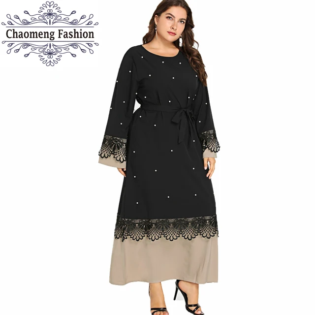 

1597# Plus Size Women Lace Long Sleeve Maxi Pearls Abaya Butterfly Islamic Clothing Kaftan Muslim Dresses, Black / customized colors