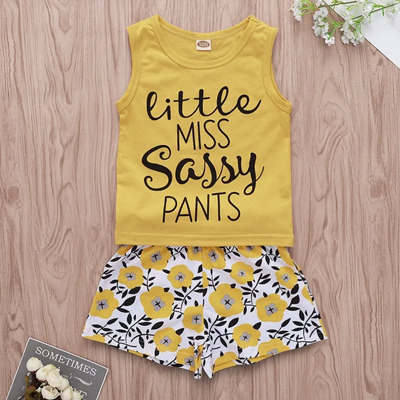 

2019 summer little miss sassy pants" kids 100%cotton yellow vest top & flower shorts 2pc set 1-5years free ship, White
