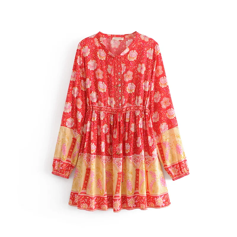 Beautiful lace up o neck slim waist multi color womens summer beach bohemian dresses