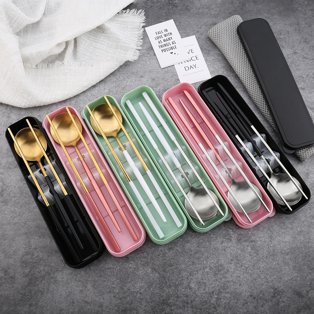 

Eco friendly children golden stainless steel silver spoon and chopsticks set cutlery set portable with pp box