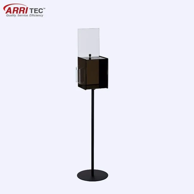 Customized Acrylic Lockable Donation Box With Header Steel Floor Stand